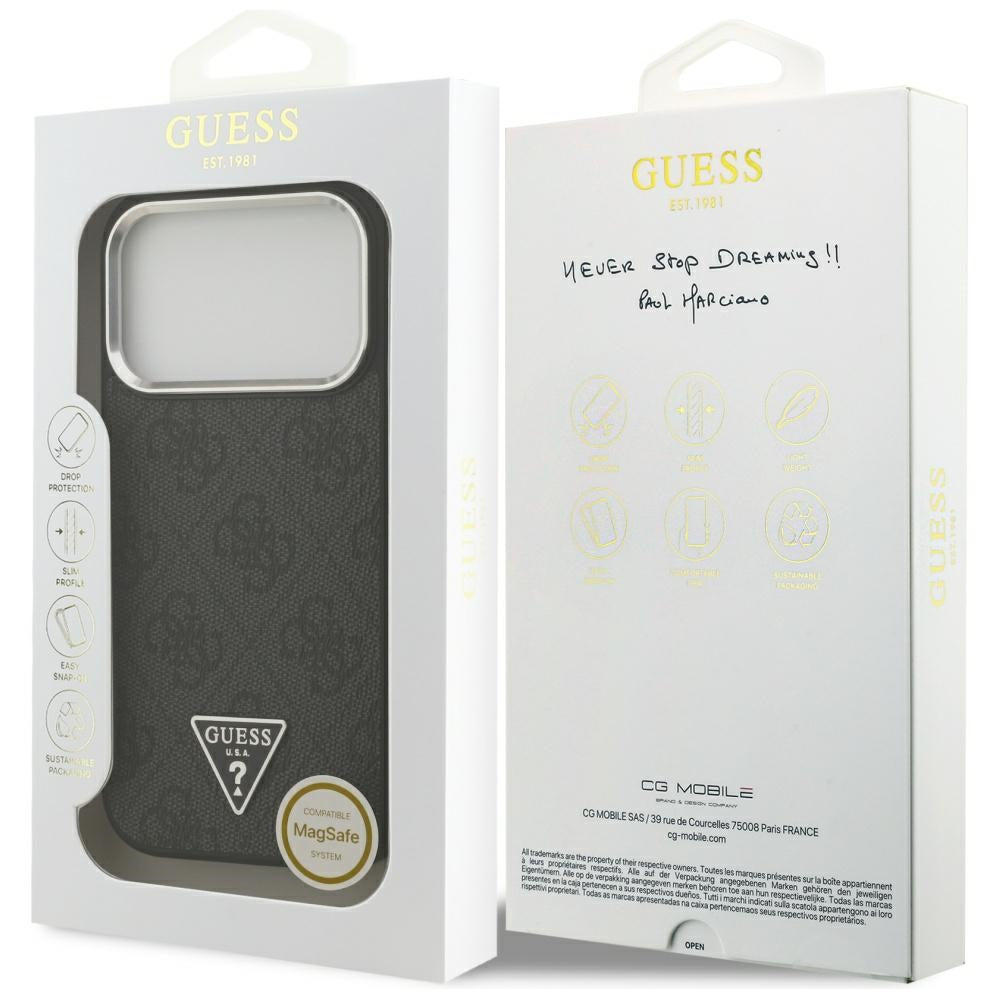 Pouzdro MagSafe pro Apple iPhone 17 Pro, Guess, 4G Triangle Logo, Černé Stříbrné