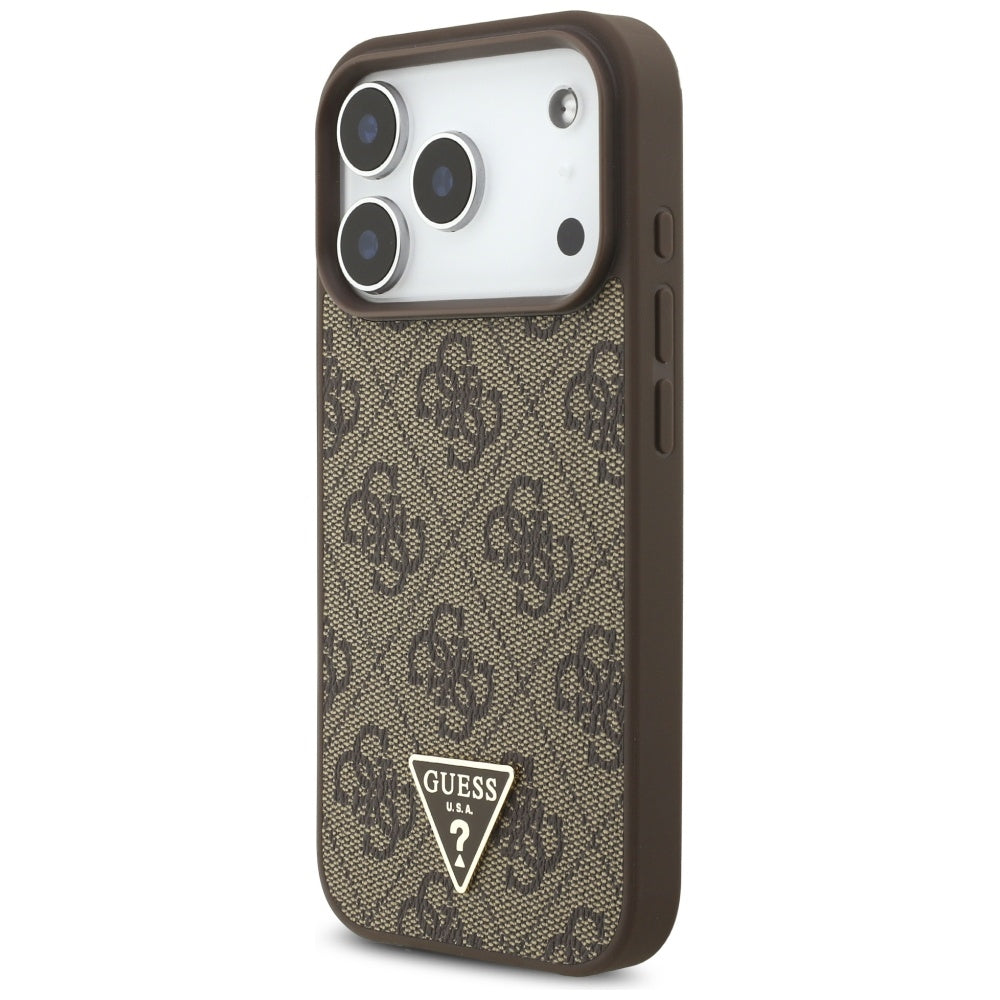 Pouzdro MagSafe pro Apple iPhone 17 Pro, Guess, 4G Triangle Logo s perlovým páskem, hnědé