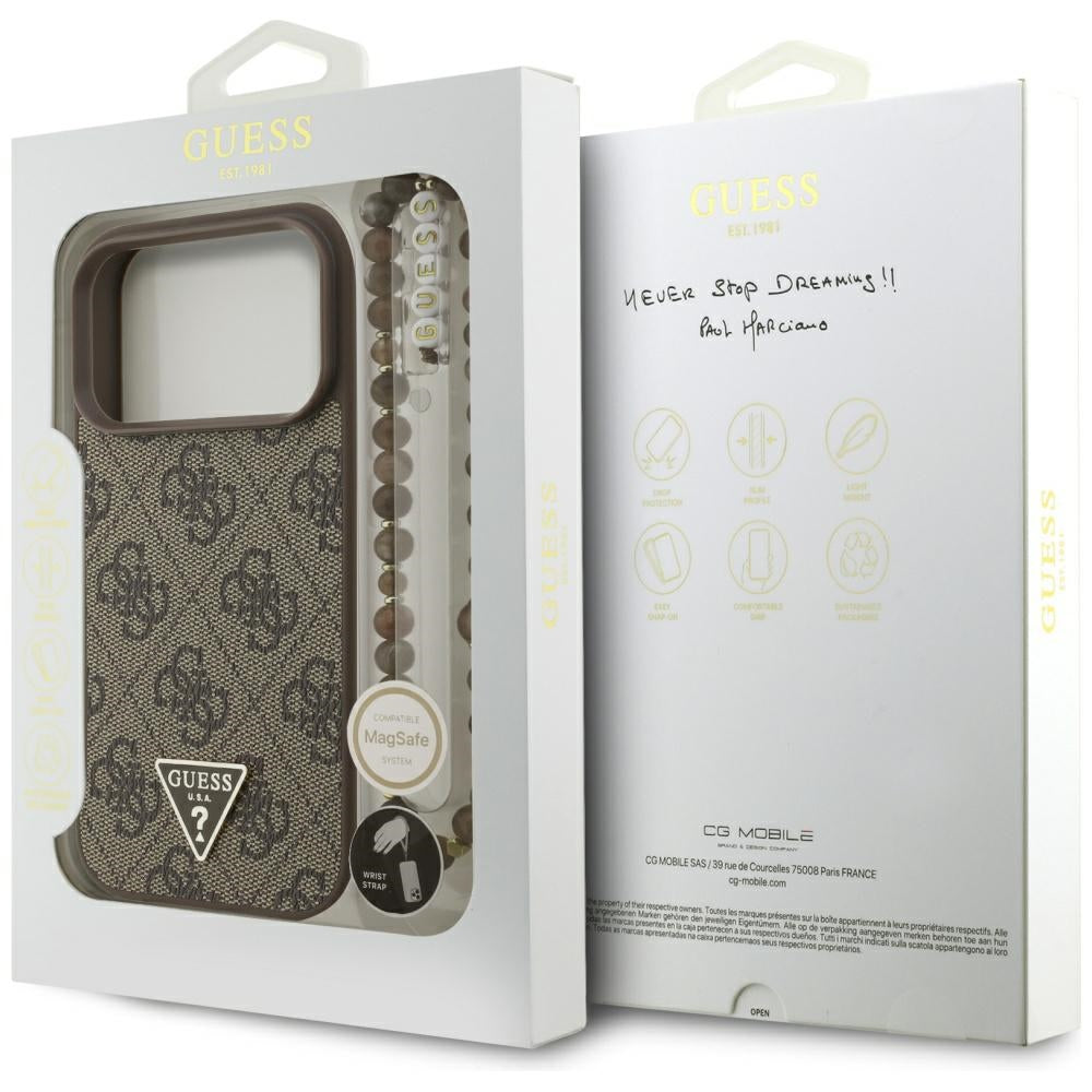 Pouzdro MagSafe pro Apple iPhone 17 Pro, Guess, 4G Triangle Logo s perlovým páskem, hnědé