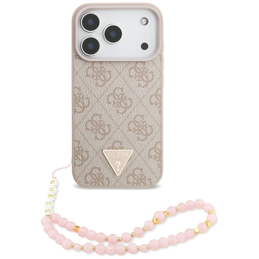 Pouzdro MagSafe pro Apple iPhone 17 Pro, Guess, 4G Triangle Logo with Pearl Strap, Růžové