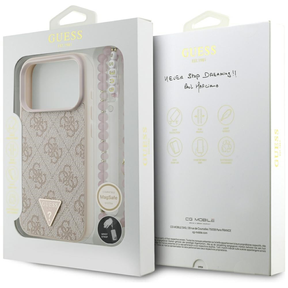 Pouzdro MagSafe pro Apple iPhone 17 Pro, Guess, 4G Triangle Logo with Pearl Strap, Růžové