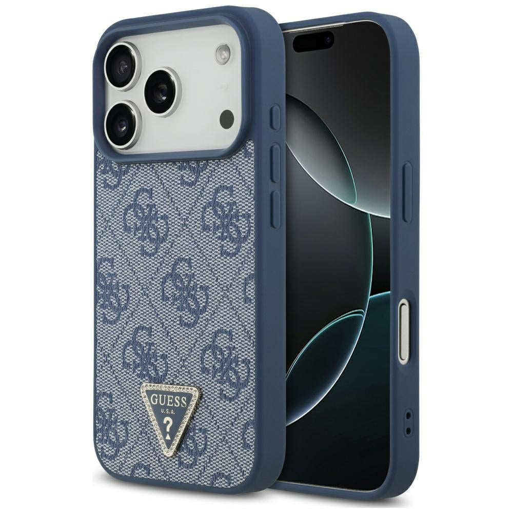 Pouzdro MagSafe pro Apple iPhone 17 Pro, Guess, 4G Triangle Strass, Modrá