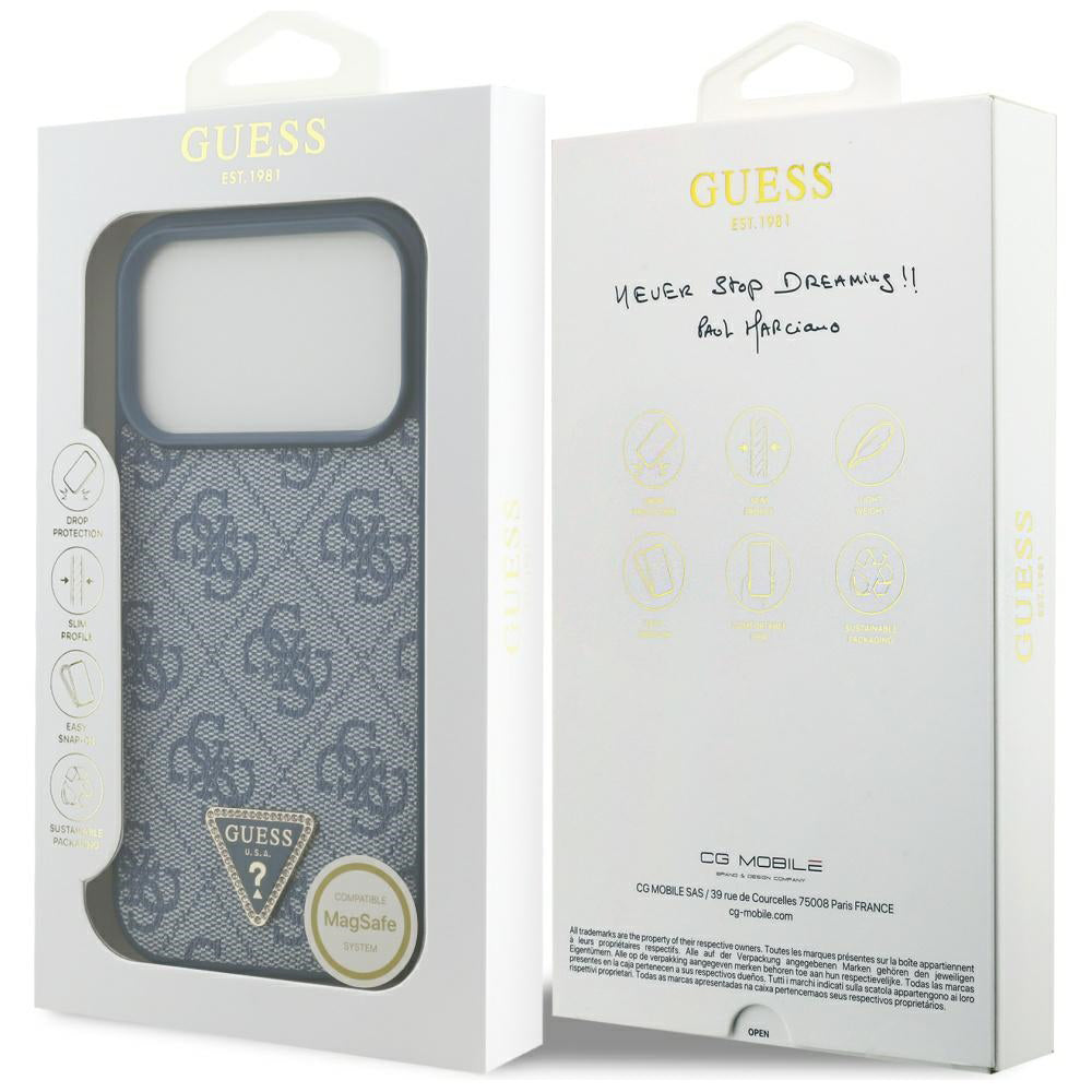 Pouzdro MagSafe pro Apple iPhone 17 Pro, Guess, 4G Triangle Strass, Modrá
