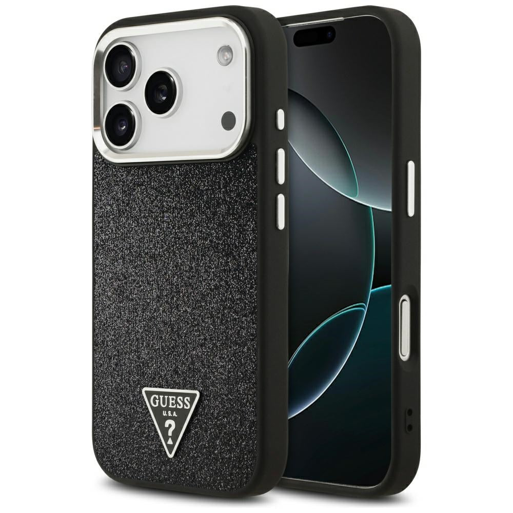 Pouzdro MagSafe pro Apple iPhone 17 Pro, Guess, Glitter Triangle Logo, Černá
