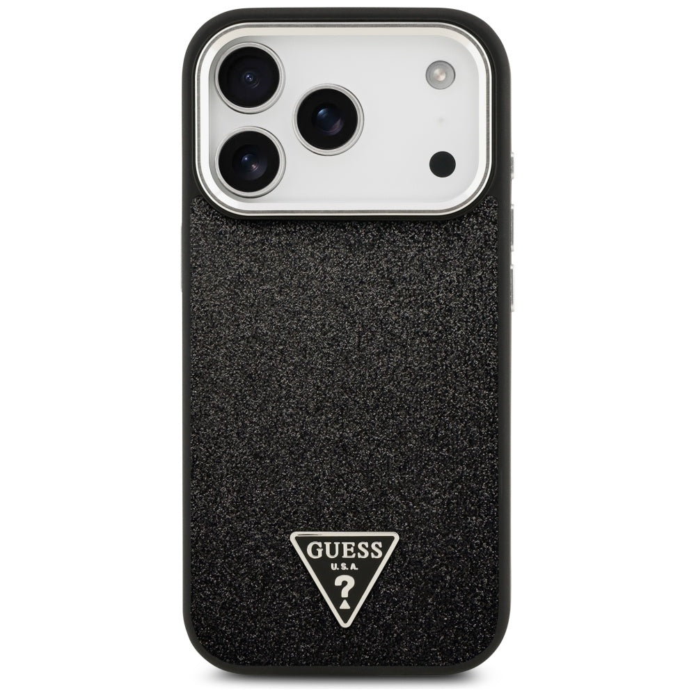 Pouzdro MagSafe pro Apple iPhone 17 Pro, Guess, Glitter Triangle Logo, Černá