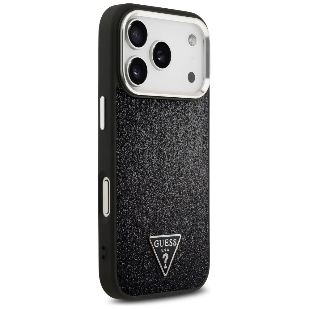 Pouzdro MagSafe pro Apple iPhone 17 Pro, Guess, Glitter Triangle Logo, Černá