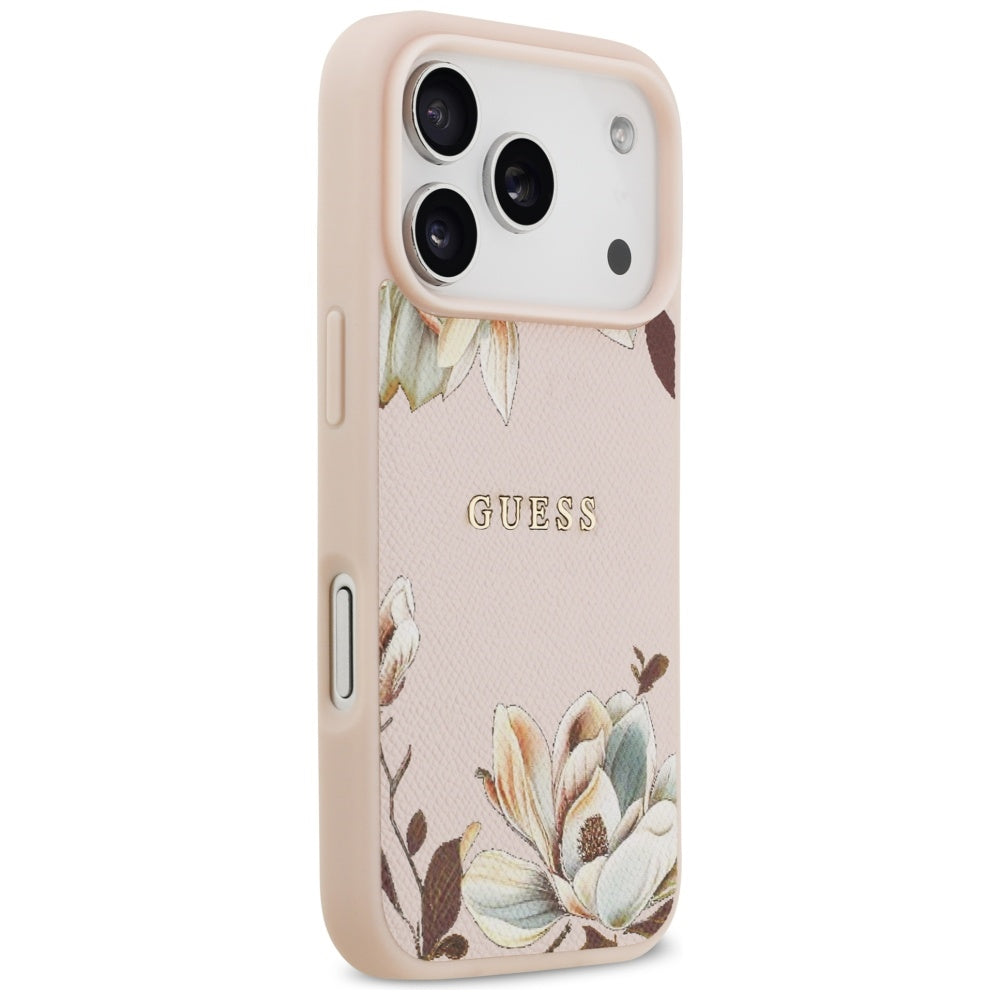 Pouzdro MagSafe pro Apple iPhone 17 Pro, Guess, Grained Flowers, Růžová