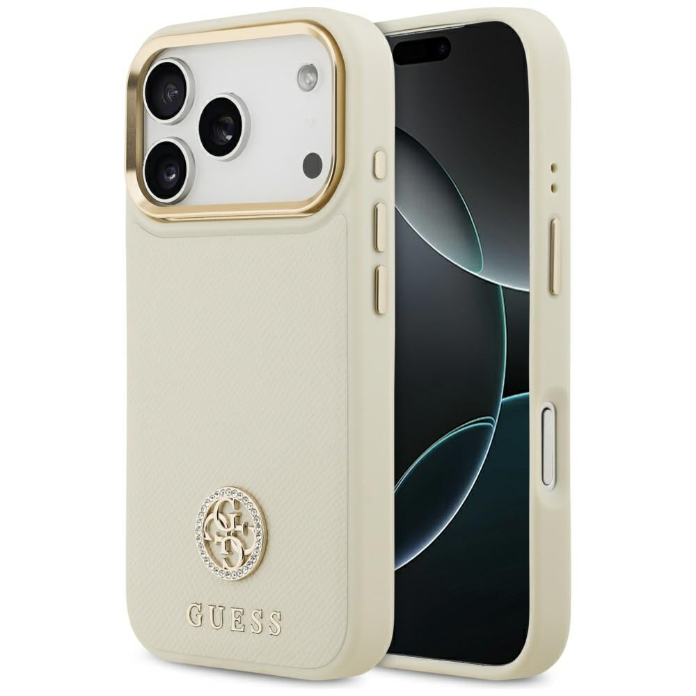 Pouzdro MagSafe pro Apple iPhone 17 Pro, Guess, Grained Strass Logo, Bežové
