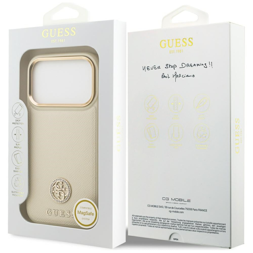 Pouzdro MagSafe pro Apple iPhone 17 Pro, Guess, Grained Strass Logo, Bežové