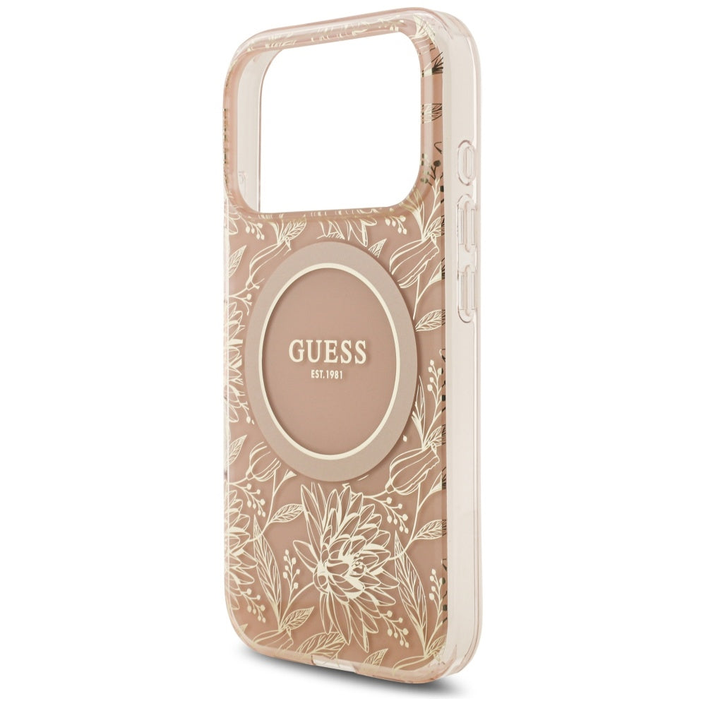 Pouzdro MagSafe pro Apple iPhone 17 Pro, Guess, IML Flowers Allover Electroplated with Pearl Strap, Růžové