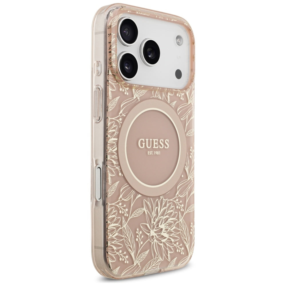 Pouzdro MagSafe pro Apple iPhone 17 Pro, Guess, IML Flowers Allover Electroplated with Pearl Strap, Růžové