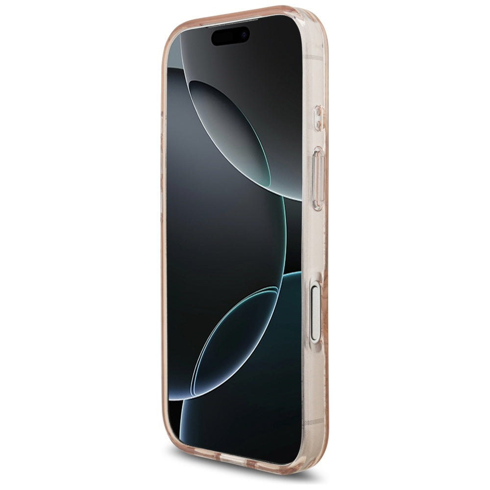 Pouzdro MagSafe pro Apple iPhone 17 Pro, Guess, IML Flowers Allover Electroplated with Pearl Strap, Růžové