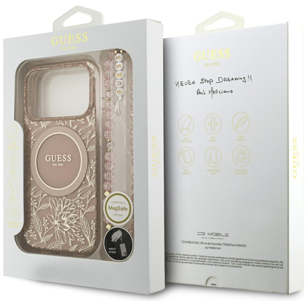 Pouzdro MagSafe pro Apple iPhone 17 Pro, Guess, IML Flowers Allover Electroplated with Pearl Strap, Růžové