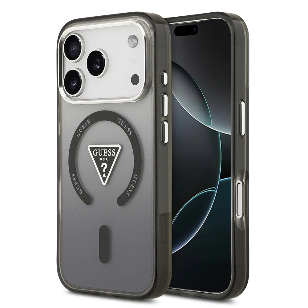 Pouzdro MagSafe pro Apple iPhone 17 Pro, Guess, IML Gradient Triangle Logo, Černé Stříbrné