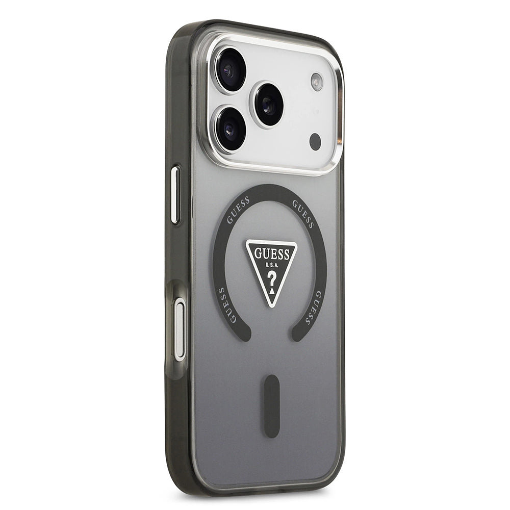 Pouzdro MagSafe pro Apple iPhone 17 Pro, Guess, IML Gradient Triangle Logo, Černé Stříbrné