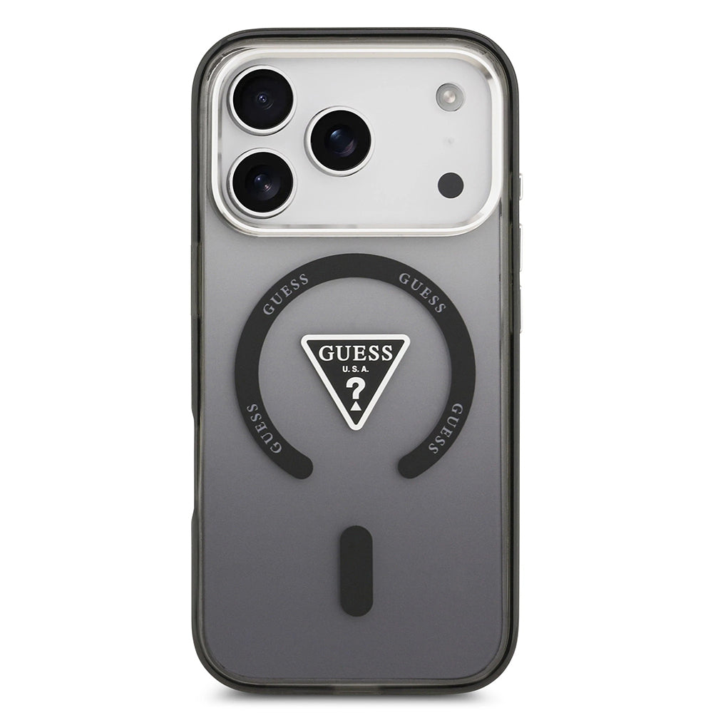 Pouzdro MagSafe pro Apple iPhone 17 Pro, Guess, IML Gradient Triangle Logo, Černé Stříbrné