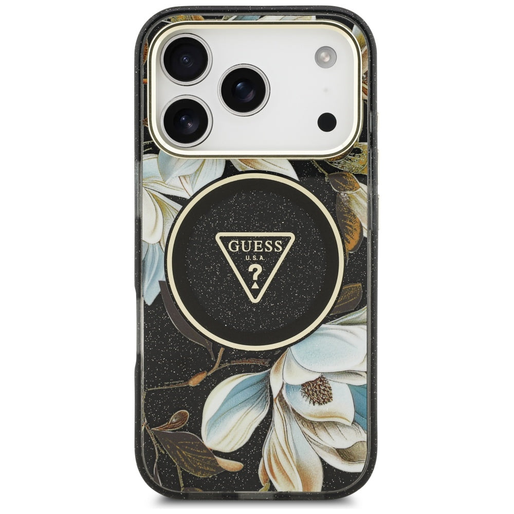 Pouzdro MagSafe pro Apple iPhone 17 Pro, Guess, IML Metal Glitter Flowers Triangle, Černá
