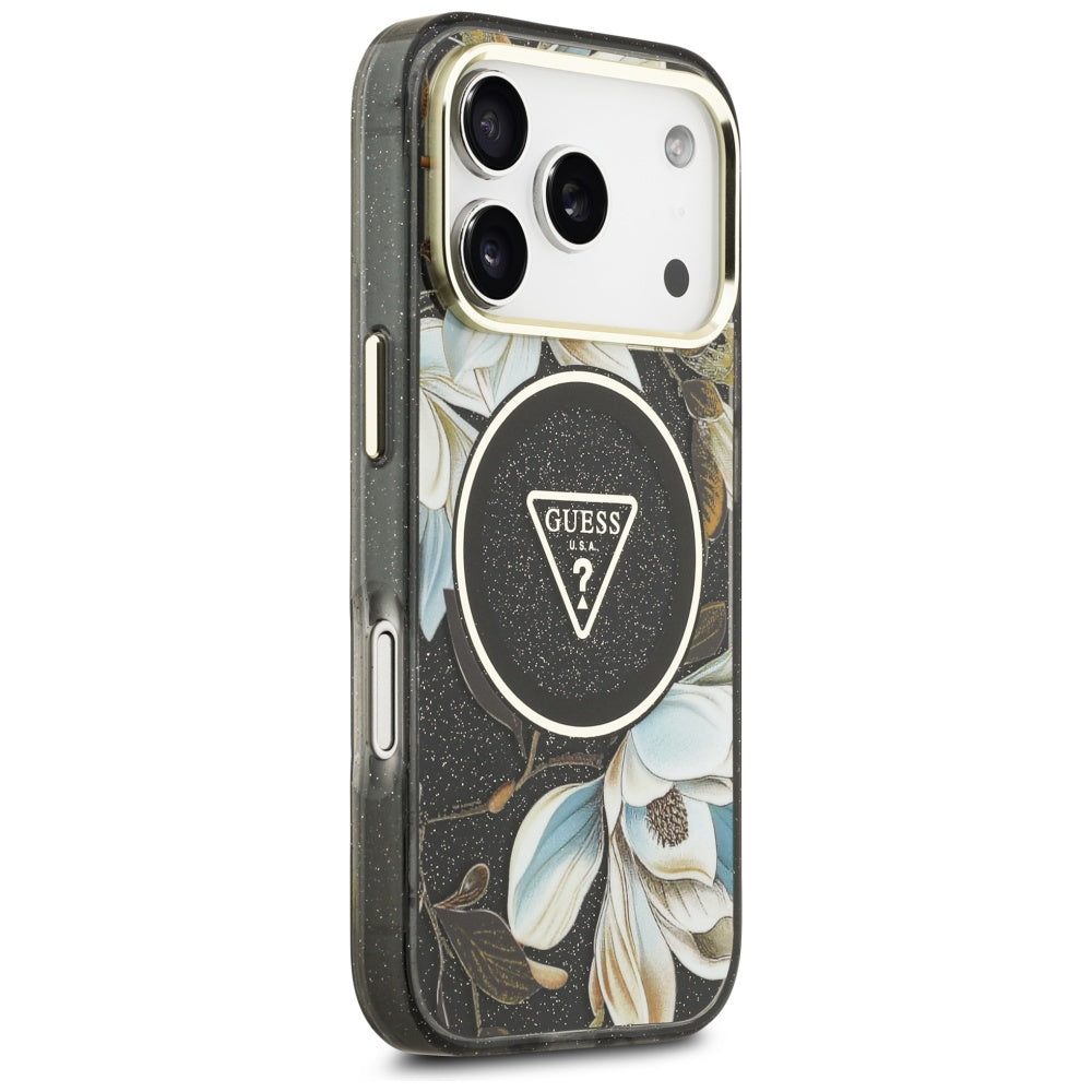 Pouzdro MagSafe pro Apple iPhone 17 Pro, Guess, IML Metal Glitter Flowers Triangle, Černá