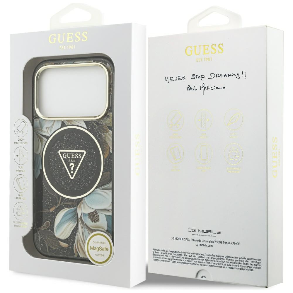 Pouzdro MagSafe pro Apple iPhone 17 Pro, Guess, IML Metal Glitter Flowers Triangle, Černá