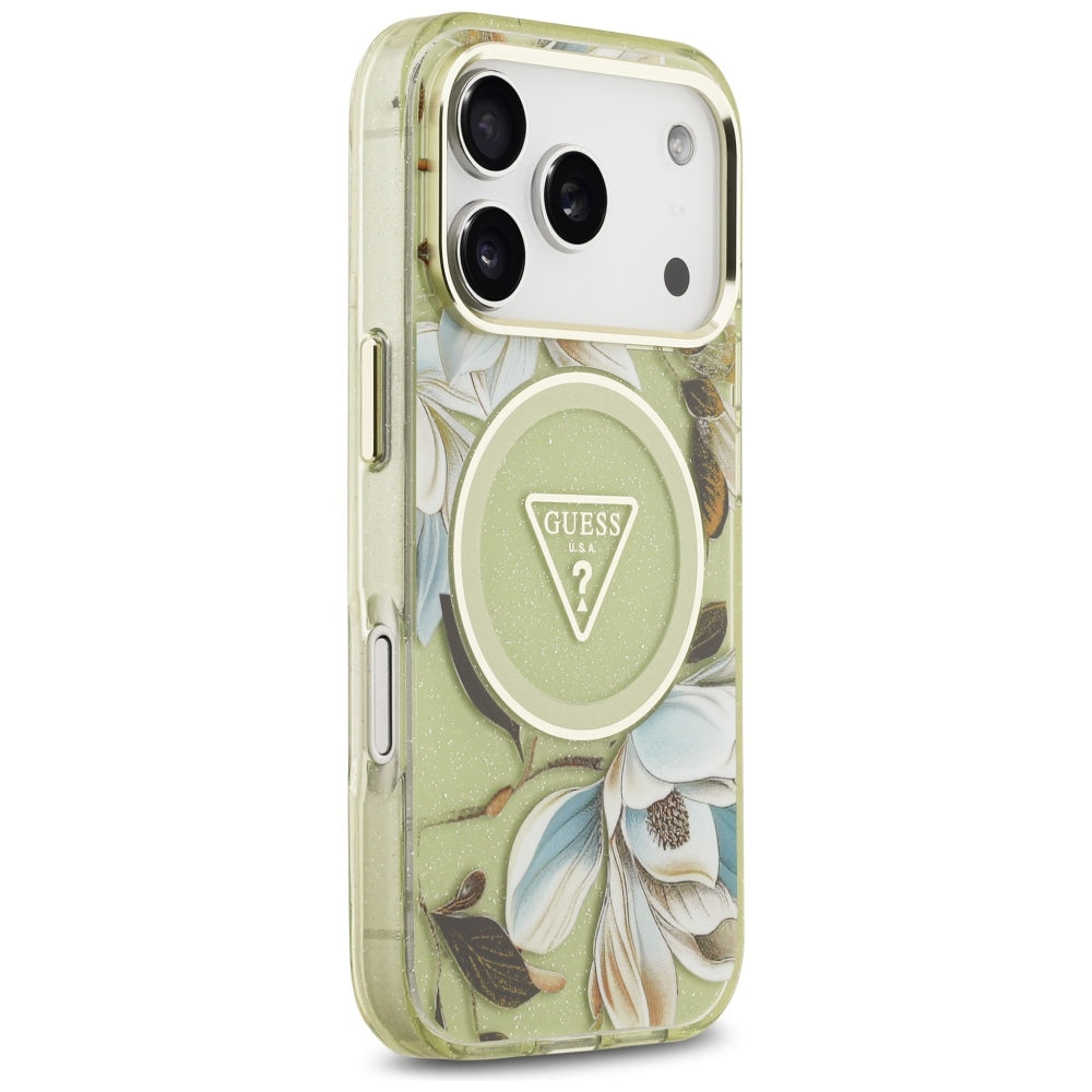 Pouzdro MagSafe pro Apple iPhone 17 Pro, Guess, IML Metal Glitter Flowers Triangle, Zelená