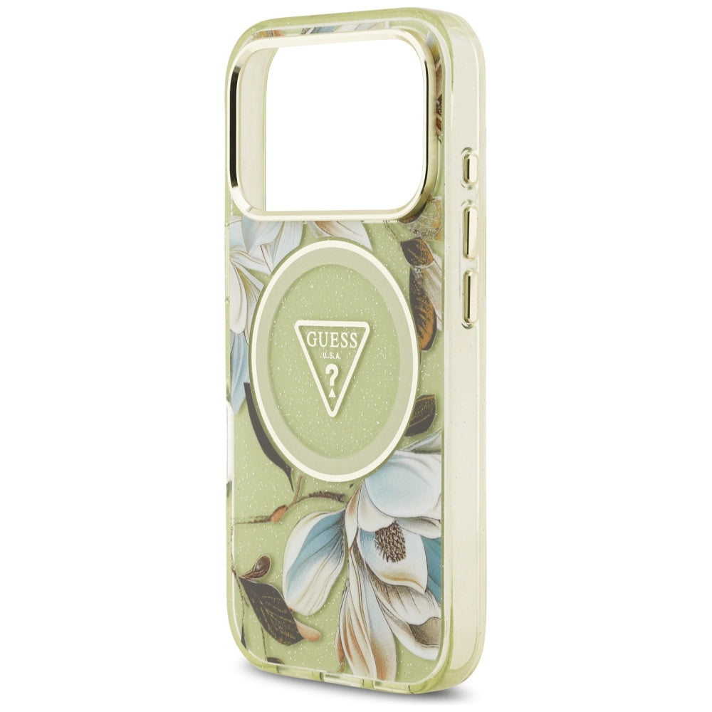 Pouzdro MagSafe pro Apple iPhone 17 Pro, Guess, IML Metal Glitter Flowers Triangle, Zelená