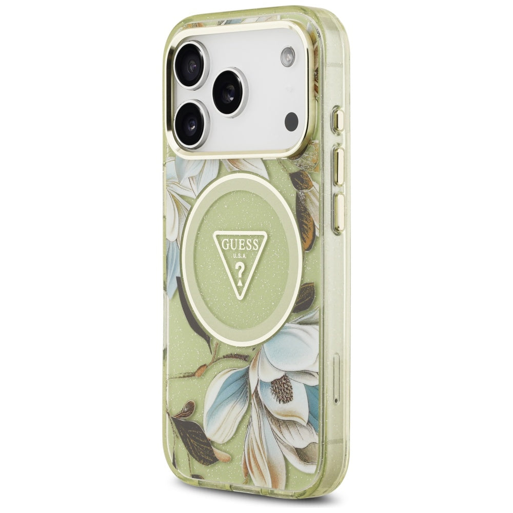 Pouzdro MagSafe pro Apple iPhone 17 Pro, Guess, IML Metal Glitter Flowers Triangle, Zelená