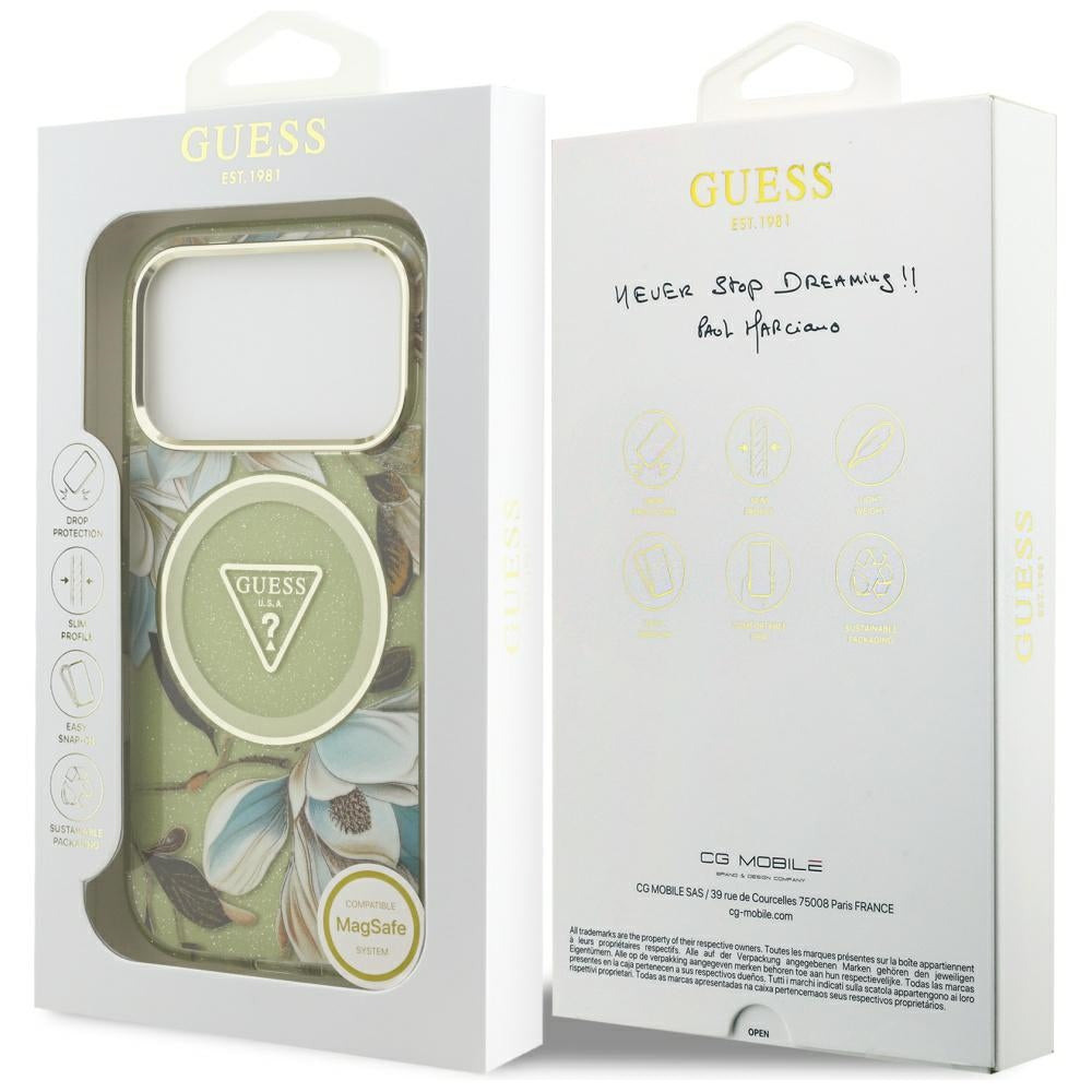 Pouzdro MagSafe pro Apple iPhone 17 Pro, Guess, IML Metal Glitter Flowers Triangle, Zelená