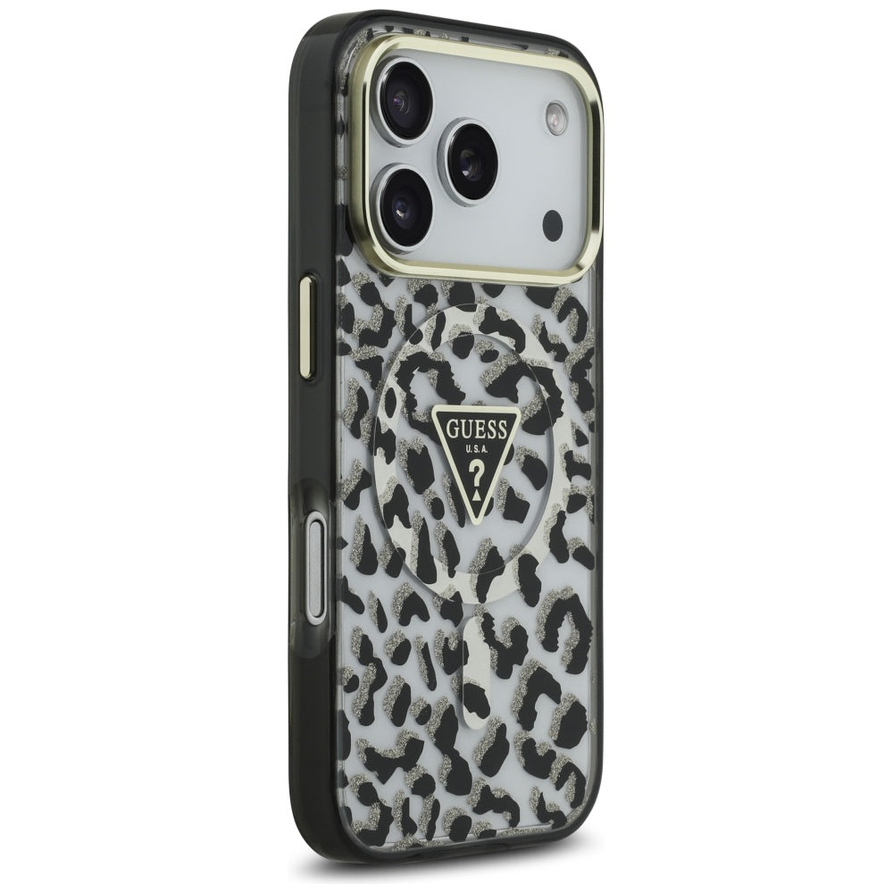 Pouzdro MagSafe pro Apple iPhone 17 Pro, Guess, Leopard Glitter, Černá