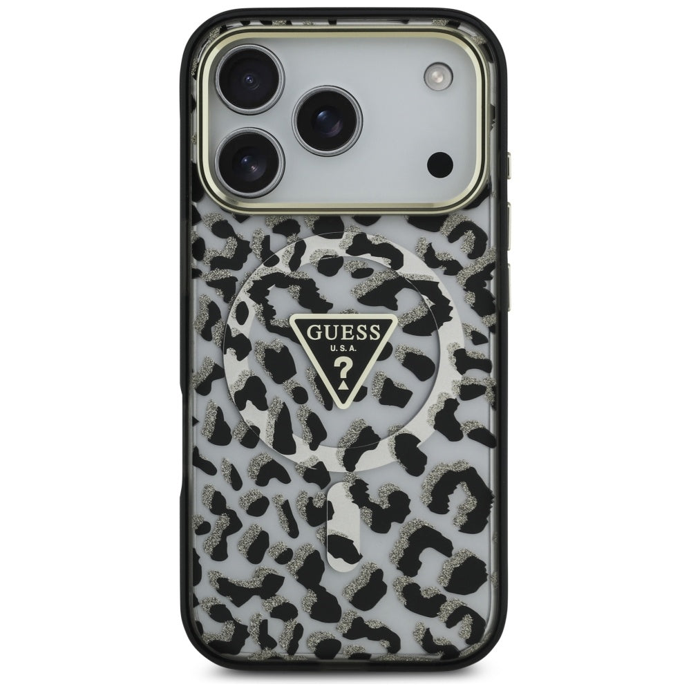 Pouzdro MagSafe pro Apple iPhone 17 Pro, Guess, Leopard Glitter, Černá