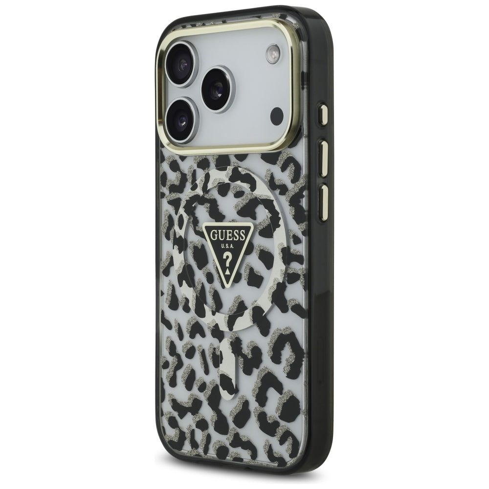 Pouzdro MagSafe pro Apple iPhone 17 Pro, Guess, Leopard Glitter, Černá