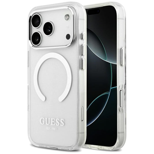Pouzdro MagSafe pro Apple iPhone 17 Pro, Guess, Metal Outline, Stříbrné