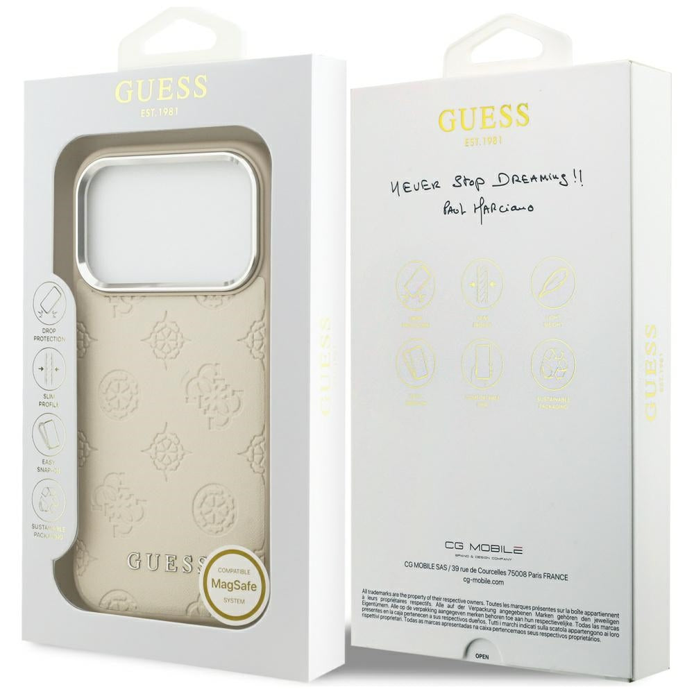 Pouzdro MagSafe pro Apple iPhone 17 Pro, Guess, Peony Hot Stamp Script, Béžová