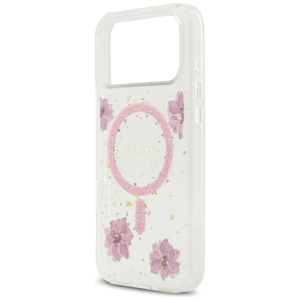 Pouzdro MagSafe pro Apple iPhone 17 Pro, Guess, Resin Flowers and Glitter, Růžové