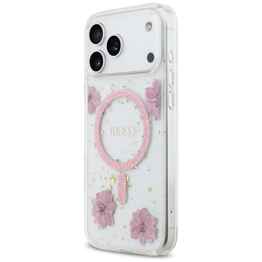 Pouzdro MagSafe pro Apple iPhone 17 Pro, Guess, Resin Flowers and Glitter, Růžové