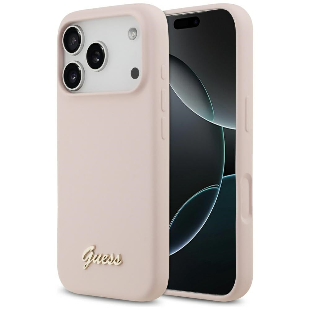 Pouzdro MagSafe pro Apple iPhone 17 Pro, Guess, Script Metal Logo, Světle růžová