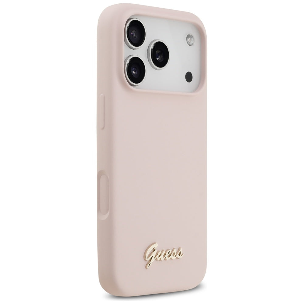 Pouzdro MagSafe pro Apple iPhone 17 Pro, Guess, Script Metal Logo, Světle růžová
