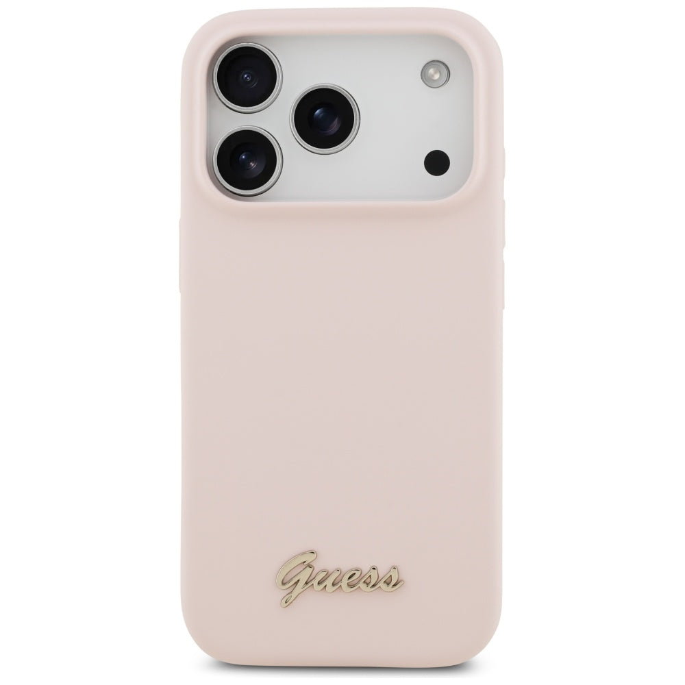 Pouzdro MagSafe pro Apple iPhone 17 Pro, Guess, Script Metal Logo, Světle růžová
