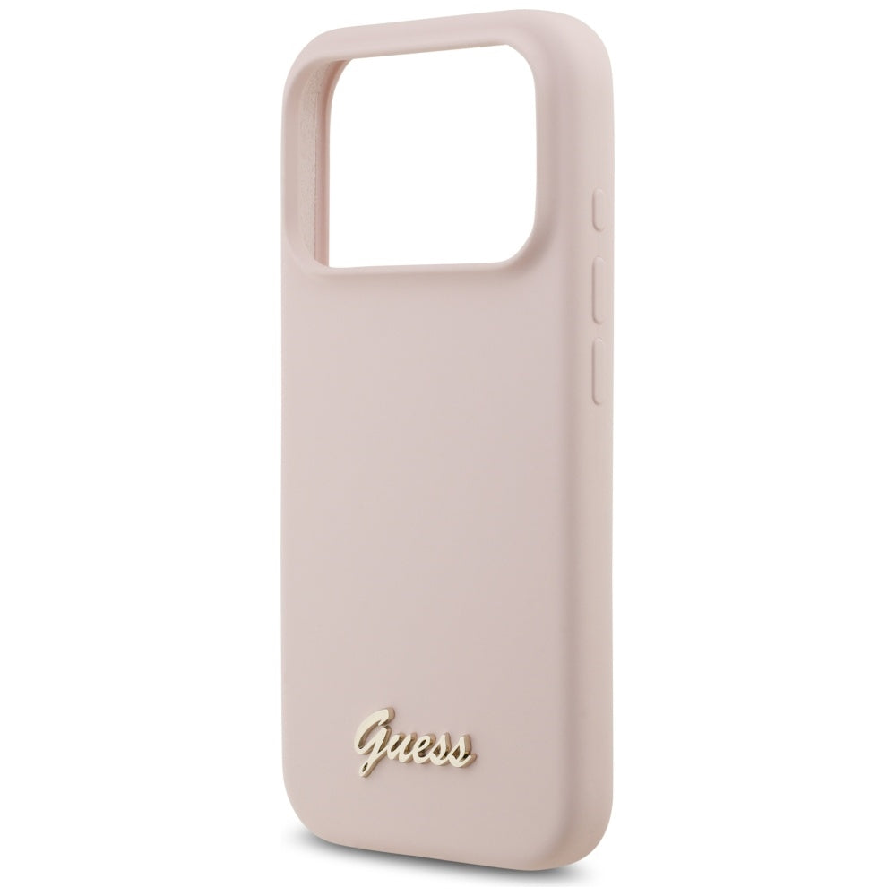 Pouzdro MagSafe pro Apple iPhone 17 Pro, Guess, Script Metal Logo, Světle růžová
