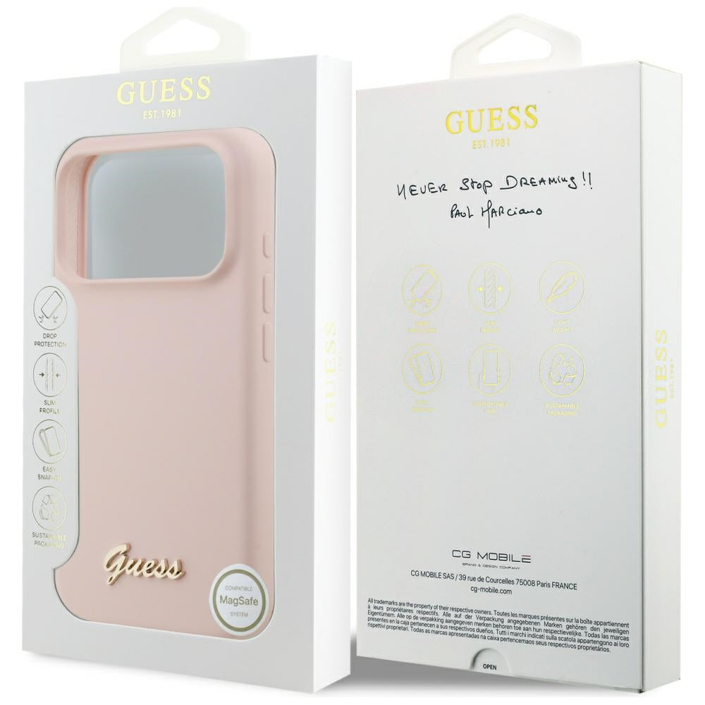 Pouzdro MagSafe pro Apple iPhone 17 Pro, Guess, Script Metal Logo, Světle růžová