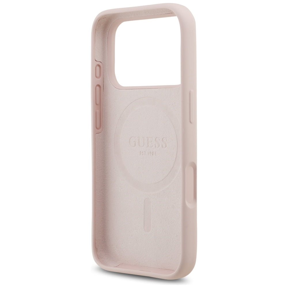 Pouzdro MagSafe pro Apple iPhone 17 Pro, Guess, Script Metal Logo, Světle růžová