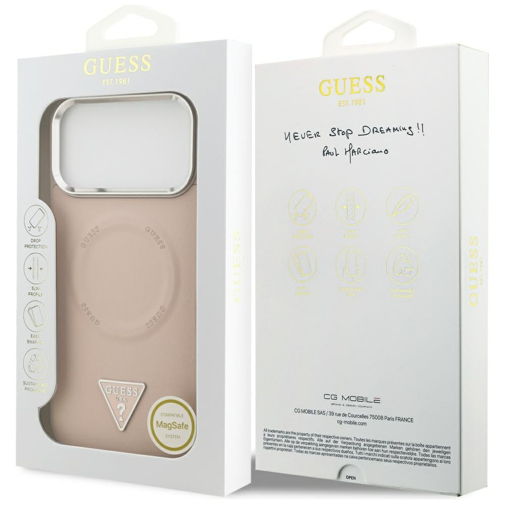 Pouzdro MagSafe pro Apple iPhone 17 Pro, Guess, Triangle Logo, Růžovo Stříbrné