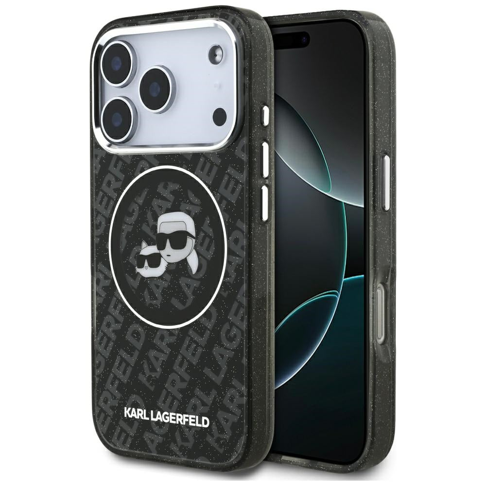 Pouzdro MagSafe pro Apple iPhone 17 Pro, Karl Lagerfeld, Glitter Karl & Choupette Head, Černá