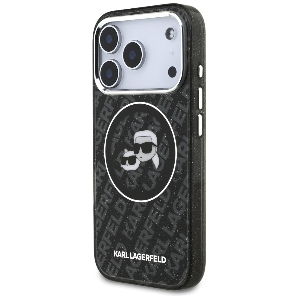 Pouzdro MagSafe pro Apple iPhone 17 Pro, Karl Lagerfeld, Glitter Karl & Choupette Head, Černá