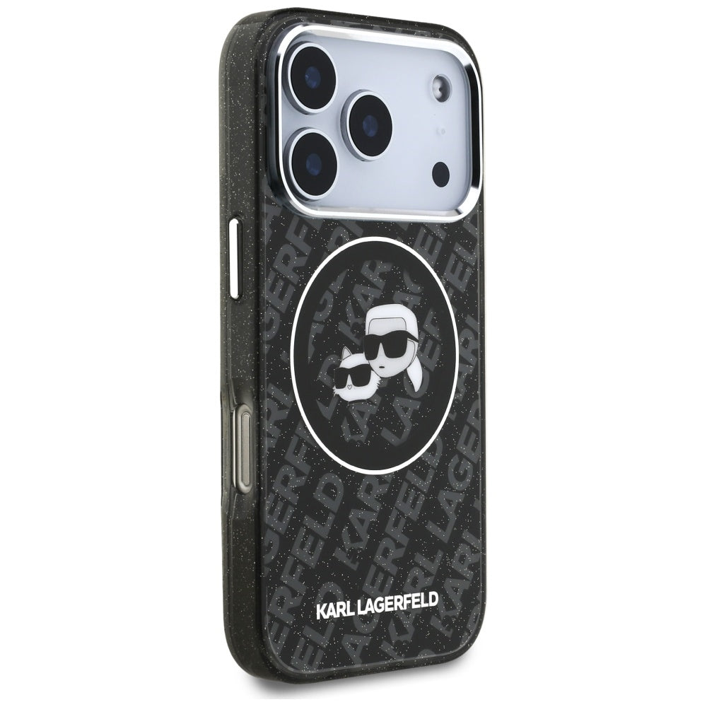 Pouzdro MagSafe pro Apple iPhone 17 Pro, Karl Lagerfeld, Glitter Karl & Choupette Head, Černá