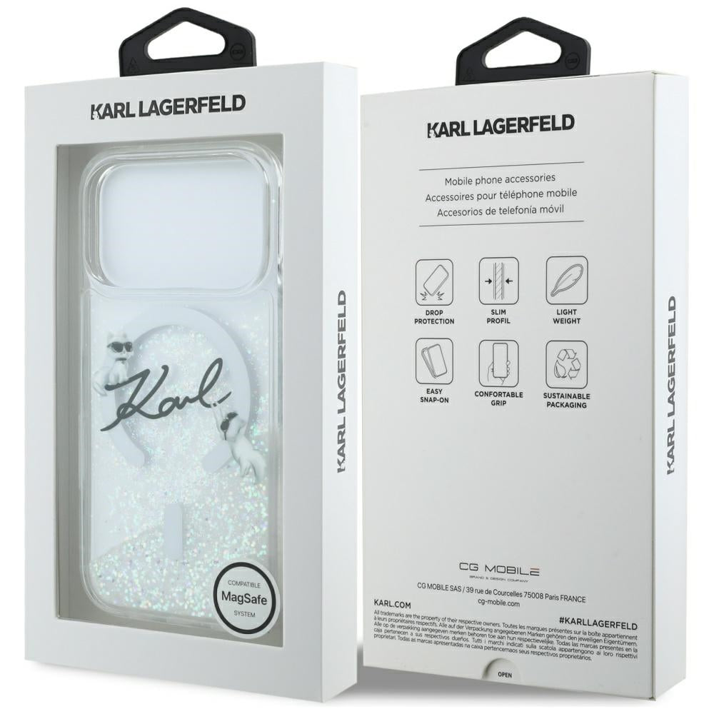 Pouzdro MagSafe pro Apple iPhone 17 Pro, Karl Lagerfeld, Glitter Karl Script Logo, Průhledné