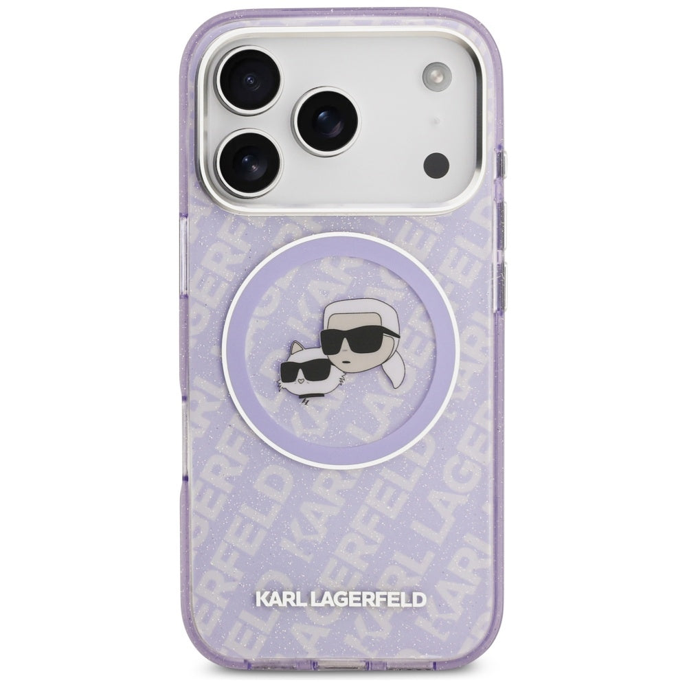 Pouzdro MagSafe pro Apple iPhone 17 Pro, Karl Lagerfeld, IML Glitter Karl & Choupette`s Heads, Fialová