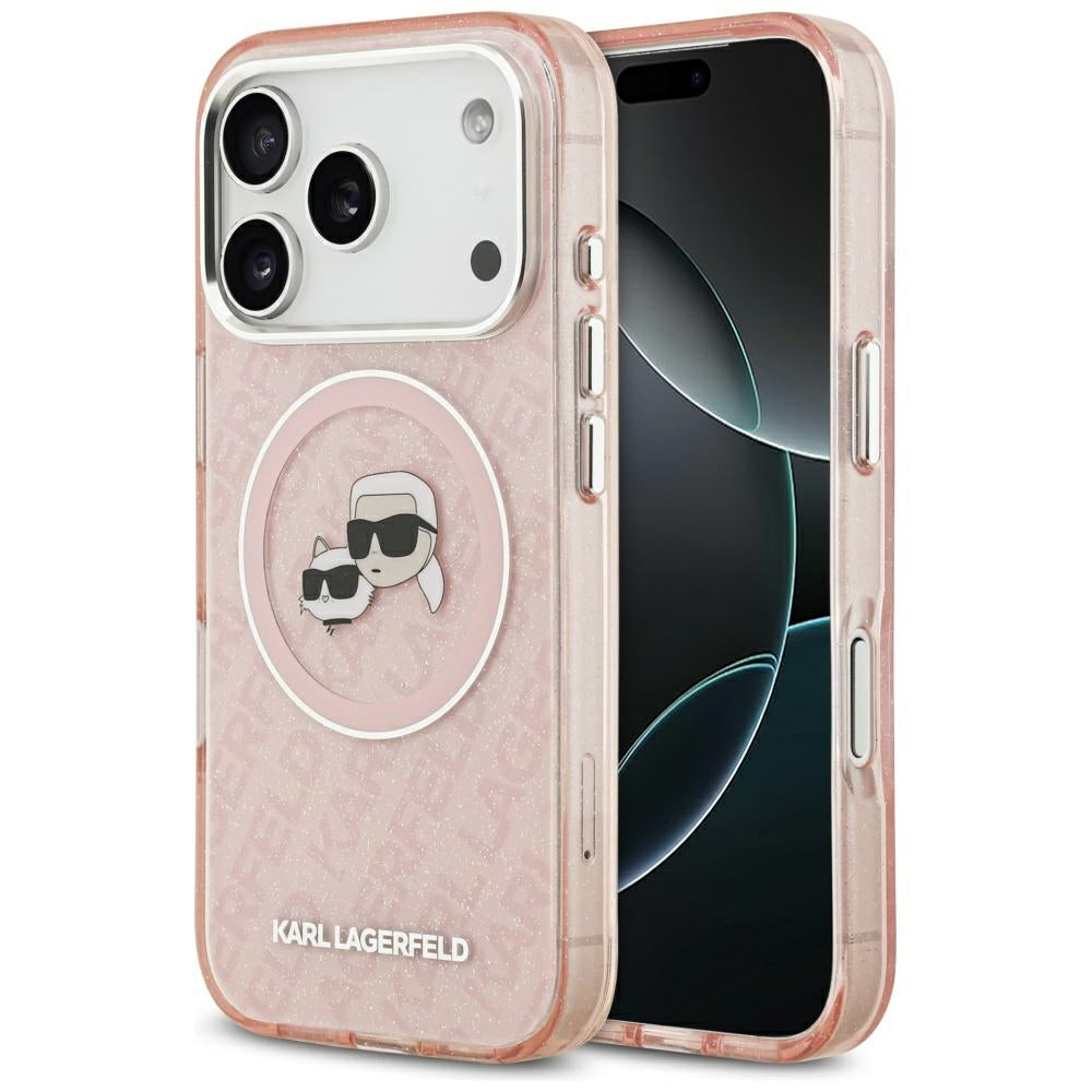 Pouzdro MagSafe pro Apple iPhone 17 Pro, Karl Lagerfeld, IML Glitter Karl & Choupette`s Heads, Růžové