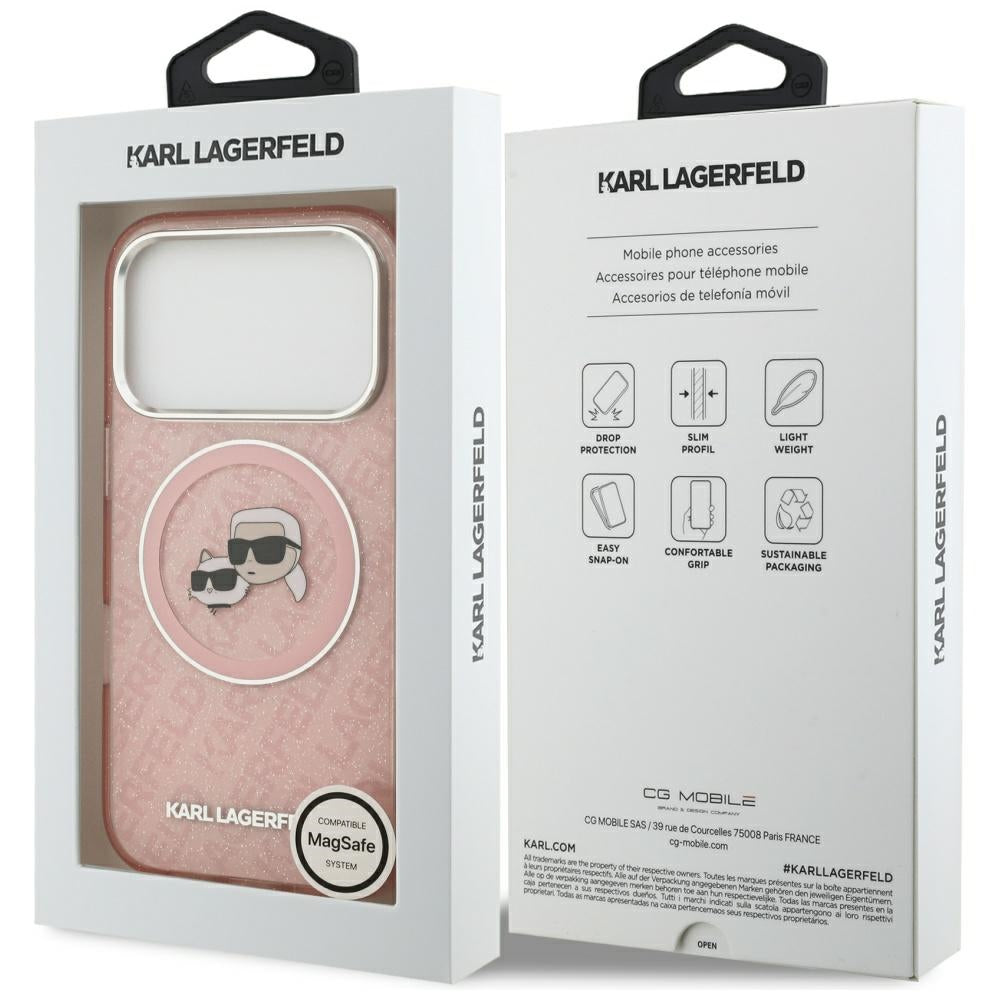 Pouzdro MagSafe pro Apple iPhone 17 Pro, Karl Lagerfeld, IML Glitter Karl & Choupette`s Heads, Růžové