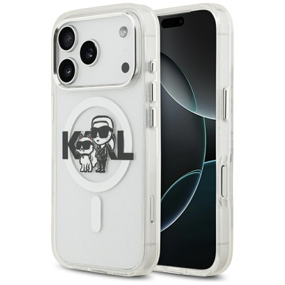 Pouzdro MagSafe pro Apple iPhone 17 Pro, Karl Lagerfeld, IML Sketch Logo Glitter Karl & Choupette, Průhledné
