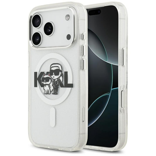Pouzdro MagSafe pro Apple iPhone 17 Pro, Karl Lagerfeld, IML Sketch Logo Glitter Karl & Choupette, Průhledné